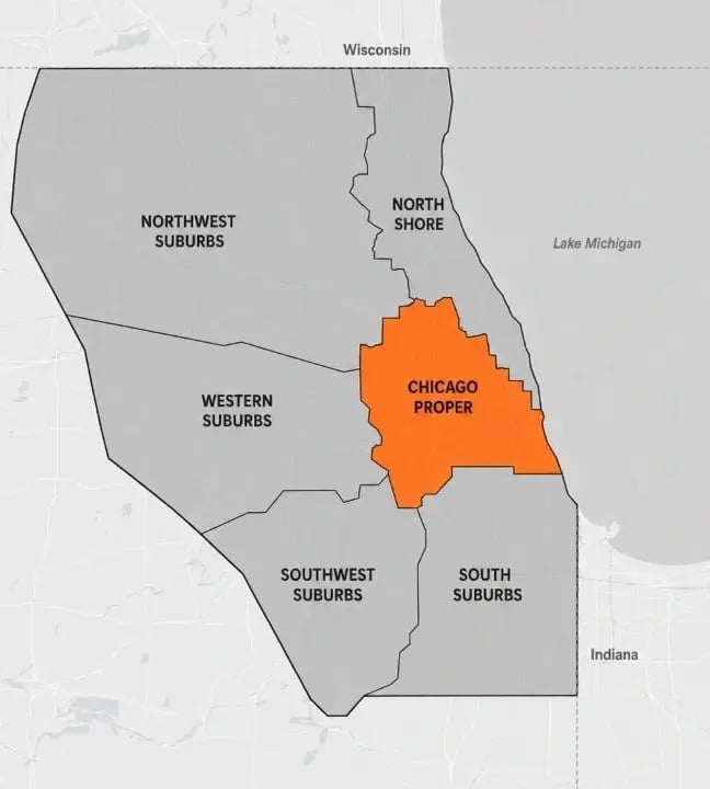 graphical image of the chicagoland area highlighting Chicago Proper graphical image of the chicagoland area highlighting Chicago Proper