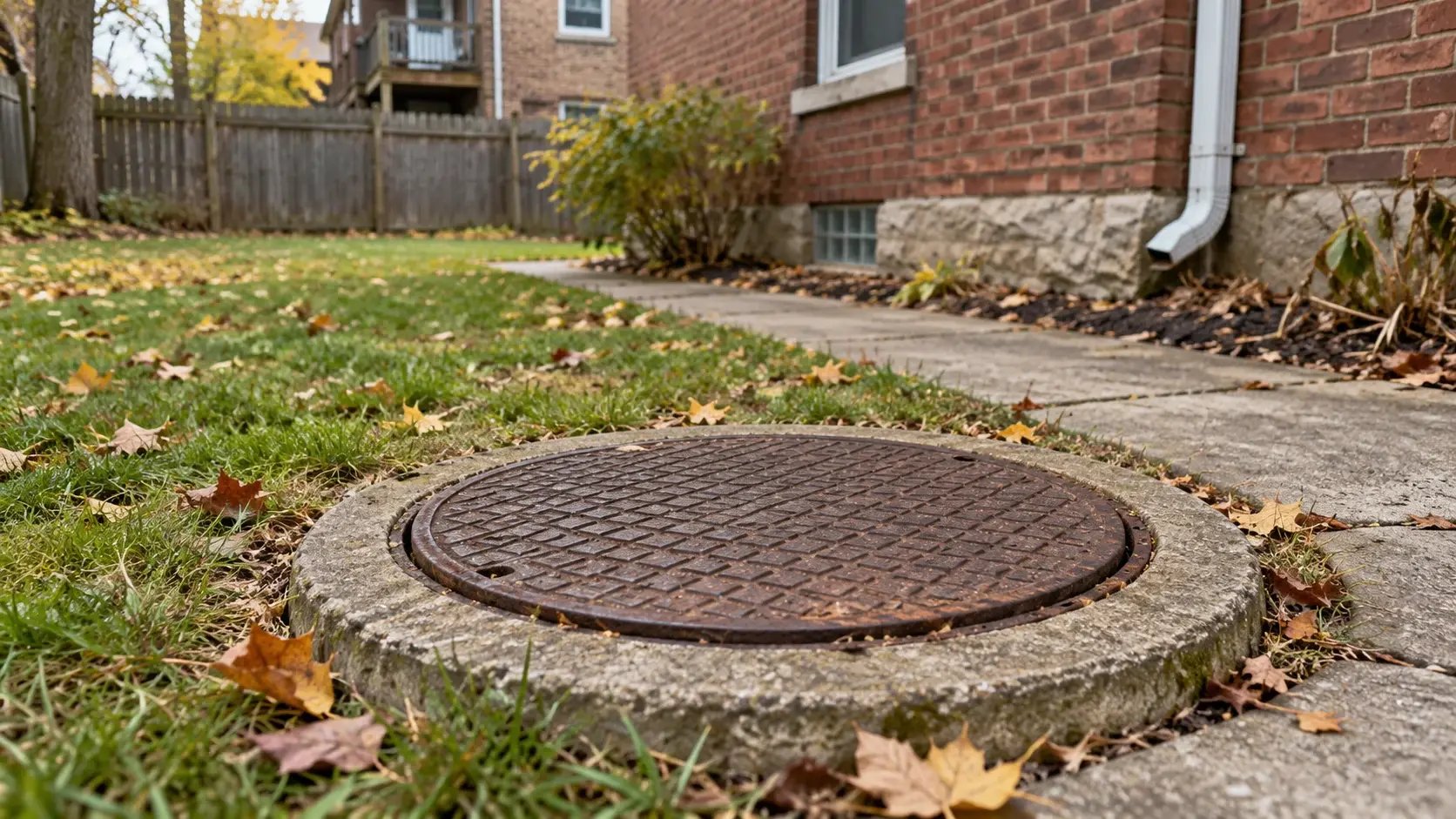 Round cast-iron drainage access cover in a backyard beside an older brick building