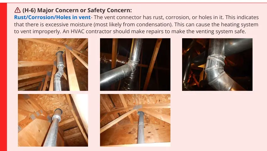 Excerpt from page 29 documenting heating vent concerns with photographs and a recommendation for HVAC contractor repairs