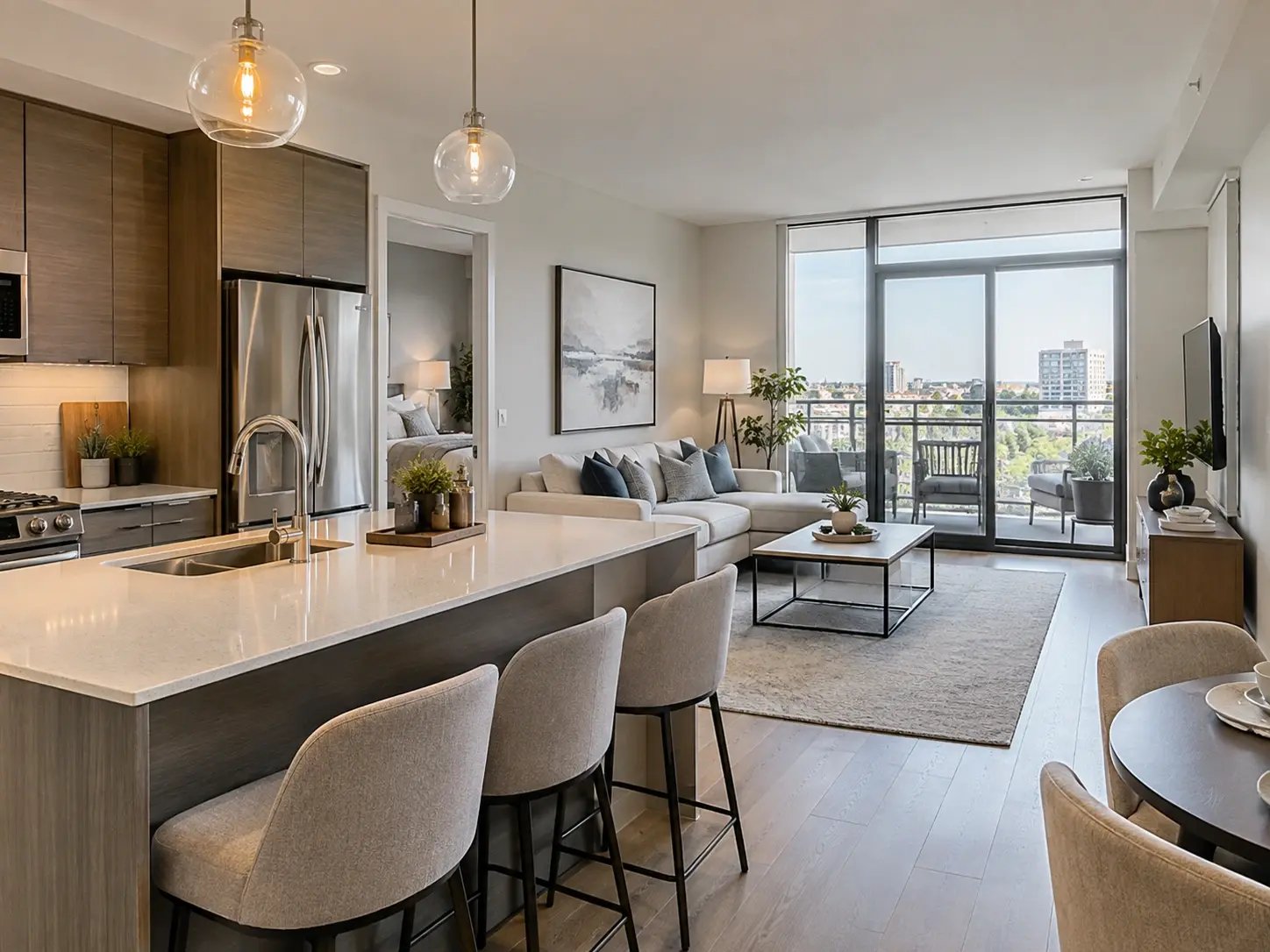 the inside of a condo in chicago overlooking the city