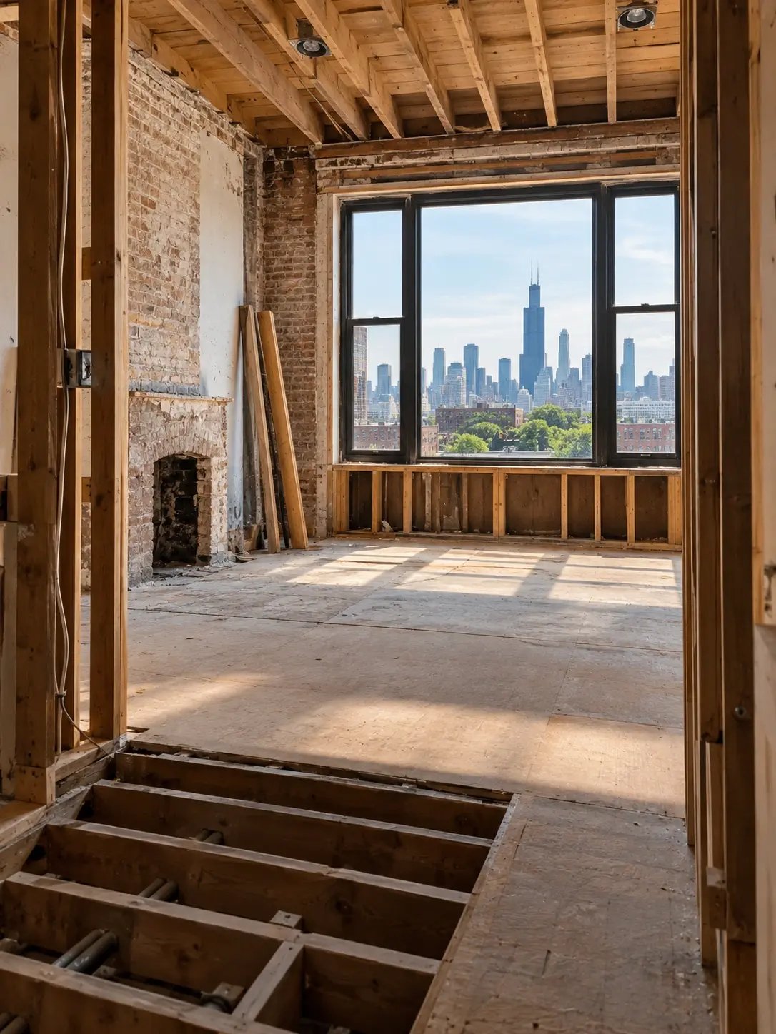 a home being renovated in chicago with a background of the city a home being renovated in chicago with a background of the city