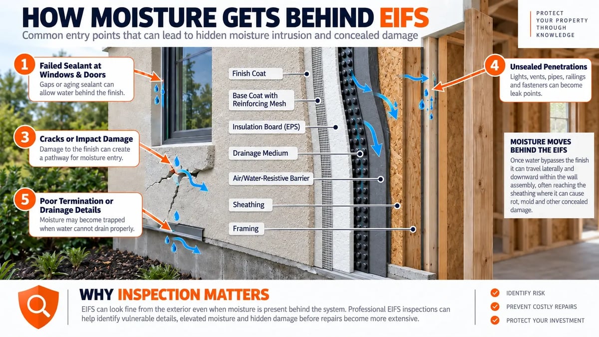 infographic showing how moisture can be damaging to EIFS infographic showing how moisture can be damaging to EIFS