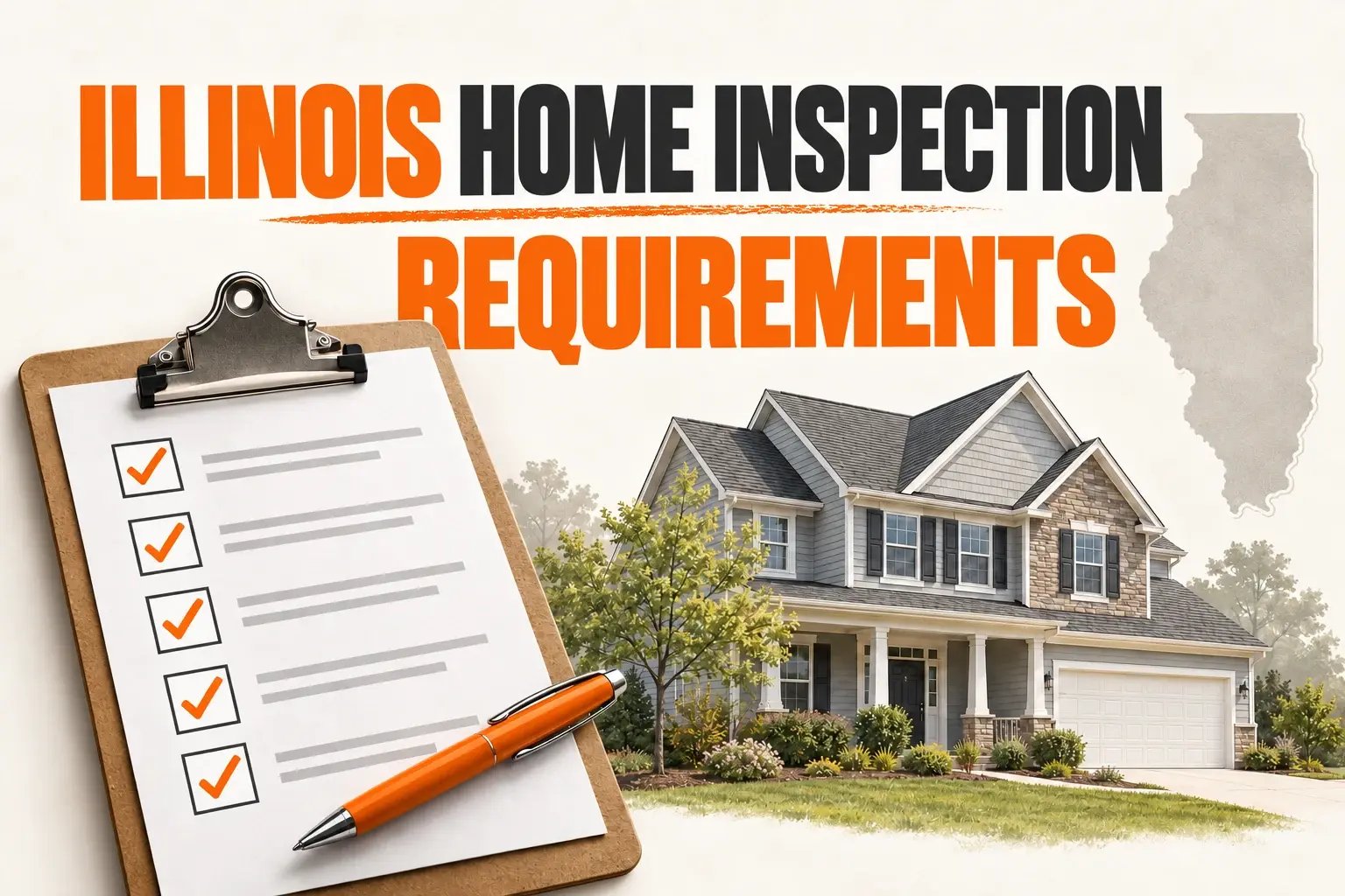 Illinois home inspection requirements illustrated with a house, inspection checklist, and outline of Illinois