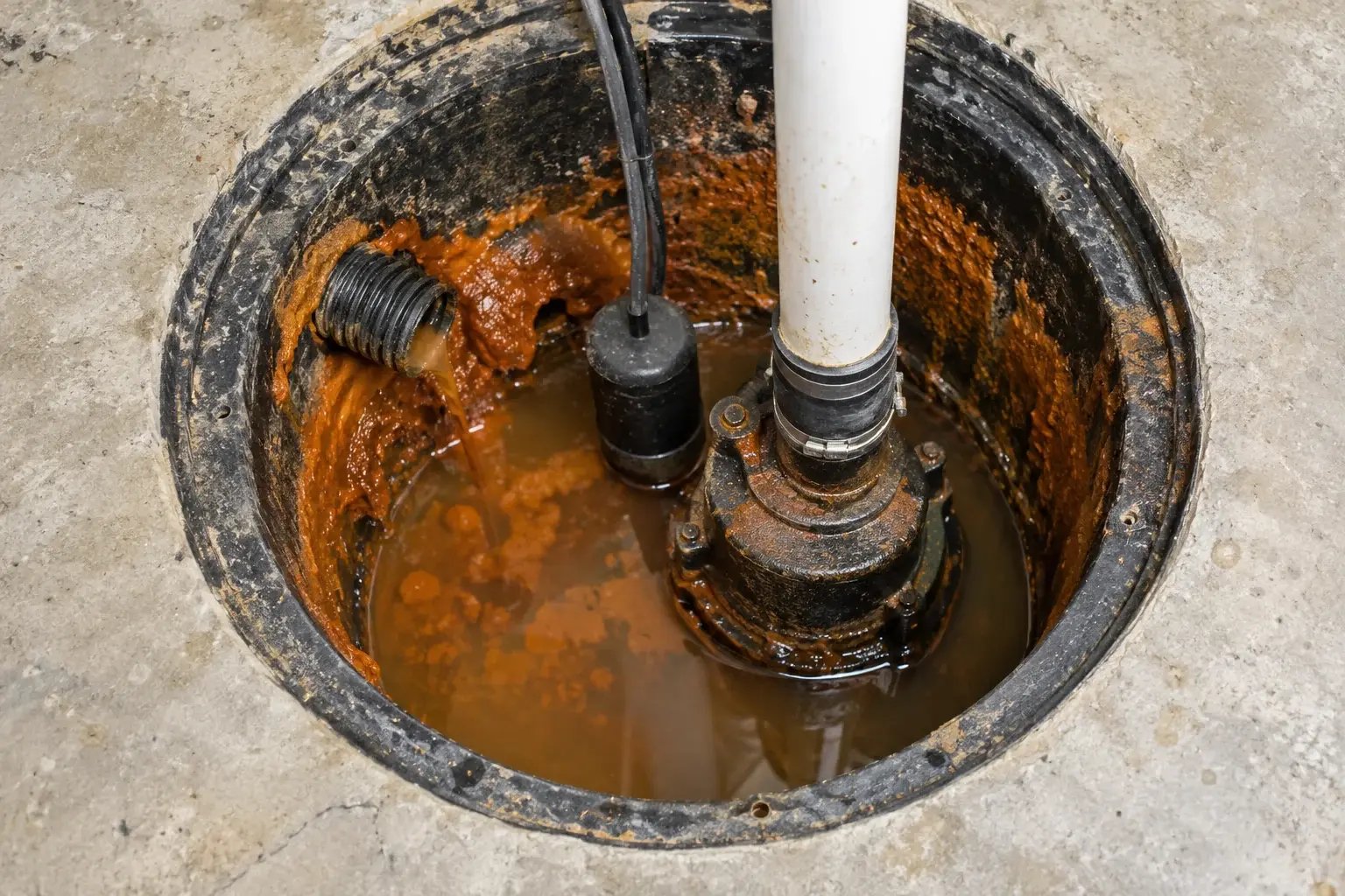 Orange-brown iron ochre buildup in a sump basin around the pump and drain inlet