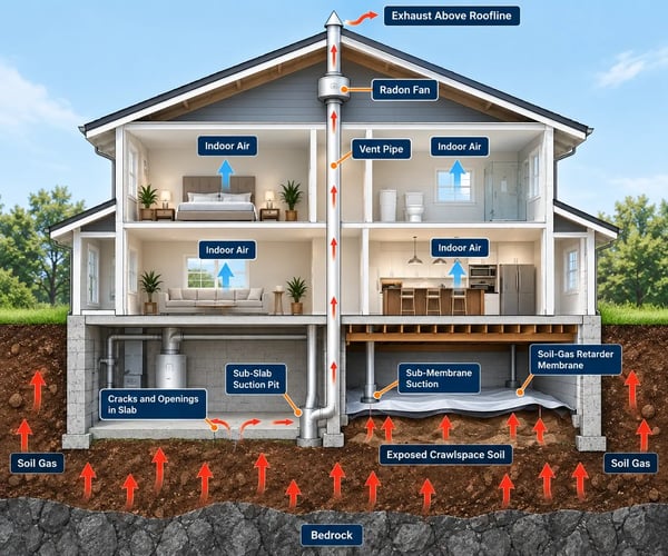 Diagram of a radon mitigation system drawing soil gas from beneath a home and venting it outside Diagram of a radon mitigation system drawing soil gas from beneath a home and venting it outside