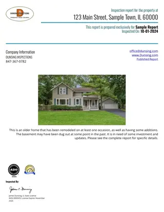 Cover of Dunsing's 2024 residential home inspection sample report for 123 Main Street in Sample Town
