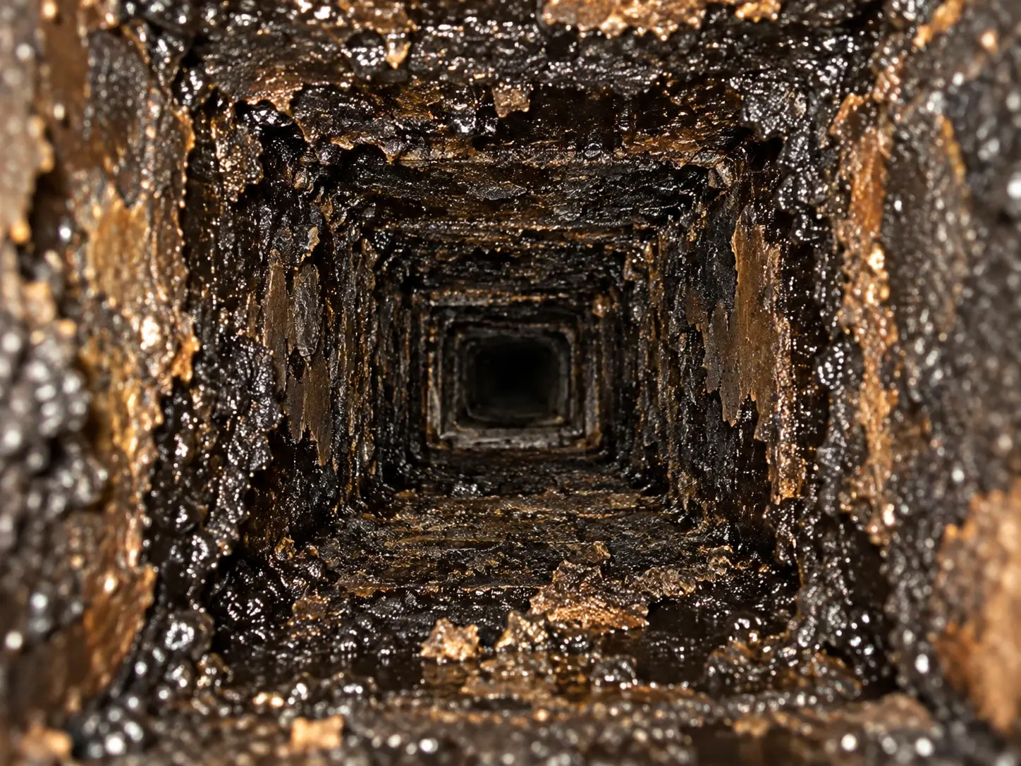 Heavy creosote buildup coating the interior surfaces of a chimney flue