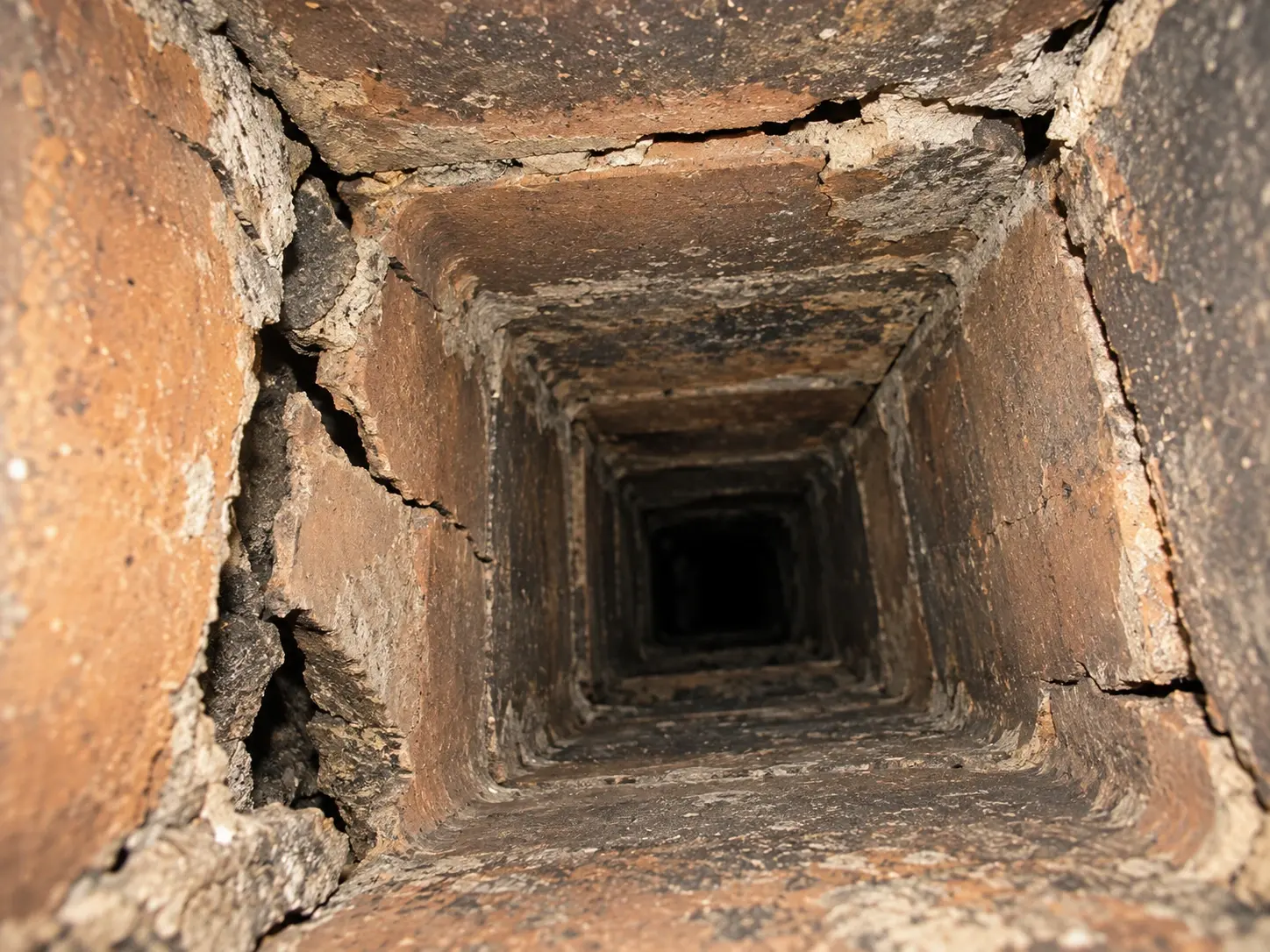 Cracked and deteriorated chimney flue liner viewed from inside the chimney