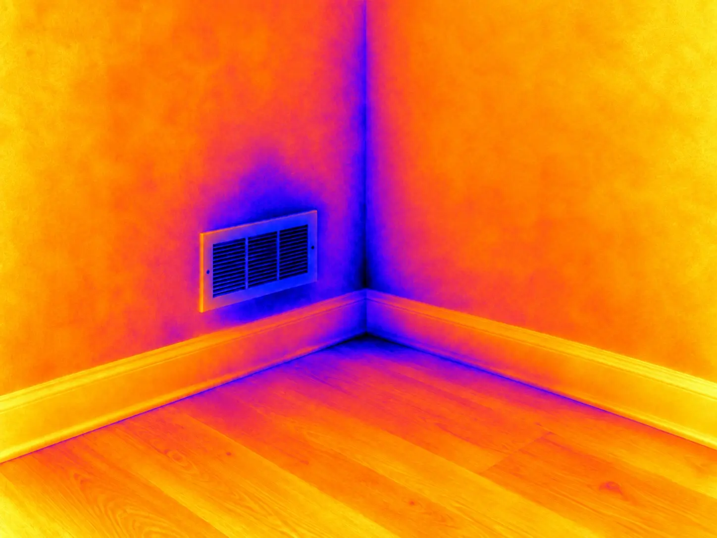 Infrared thermal image of the same bedroom corner showing surface temperature differences
