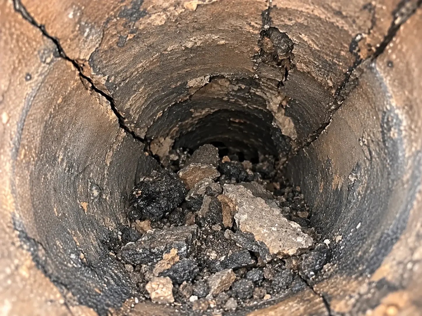Debris and damaged material creating a blockage inside a chimney flue