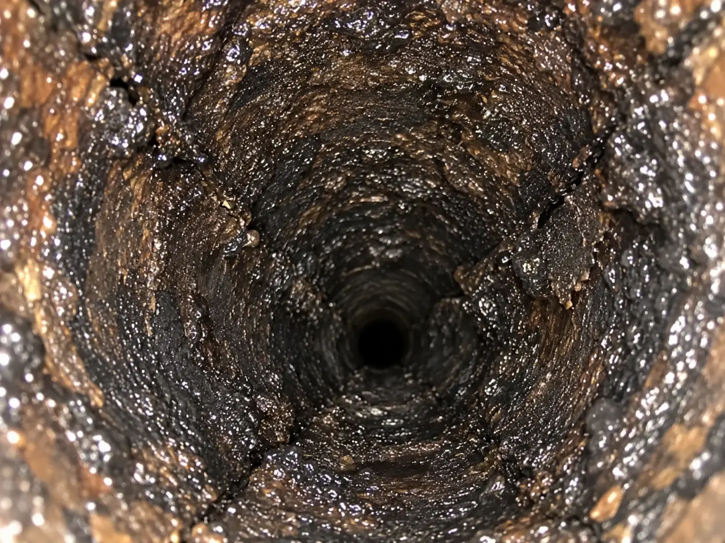 Heavy creosote buildup coating the interior of a chimney flue