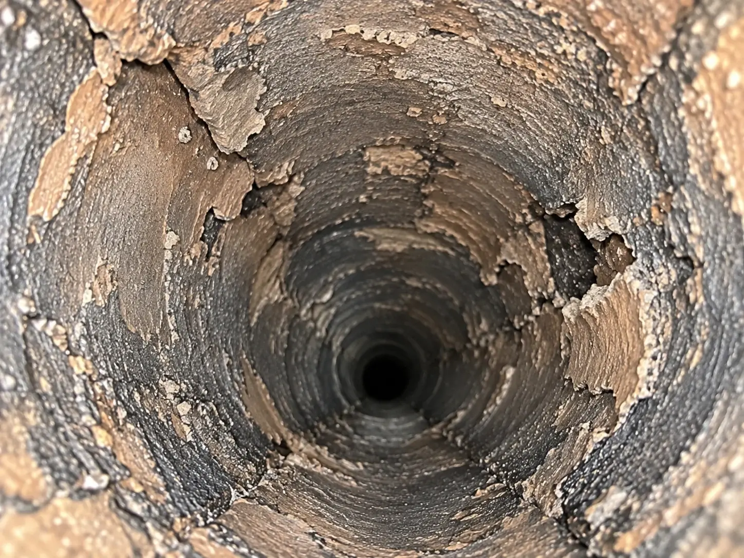 Deteriorated and flaking chimney liner material viewed inside a chimney