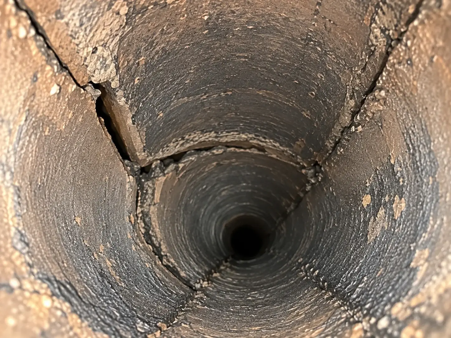 Separated or misaligned chimney flue liner components visible during a chimney camera inspection