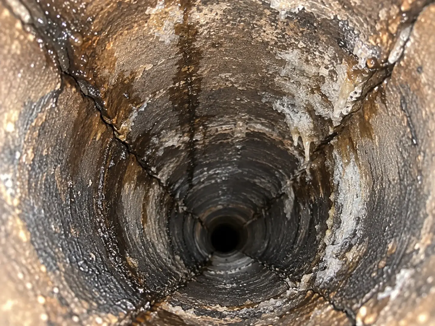 Moisture staining and water-related deterioration inside a chimney flue