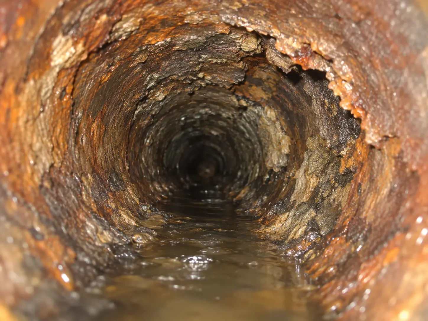 Sewer camera view showing corrosion and scaling inside an aging sewer pipe