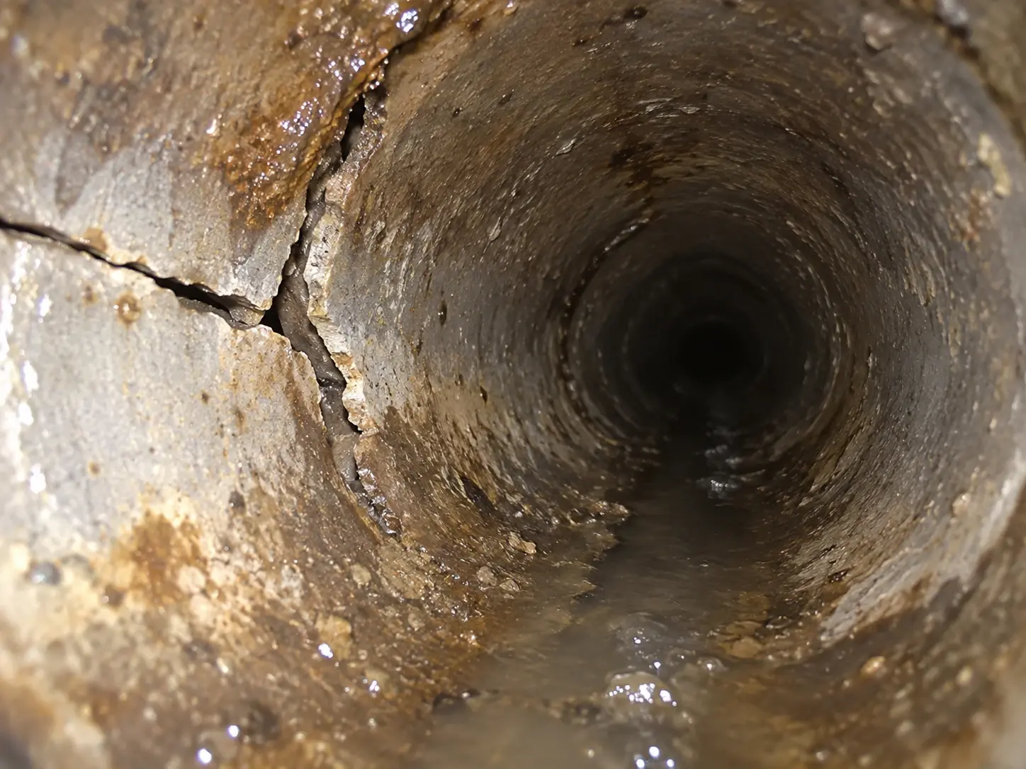 Sewer camera view showing cracks and fractures inside an older sewer pipe