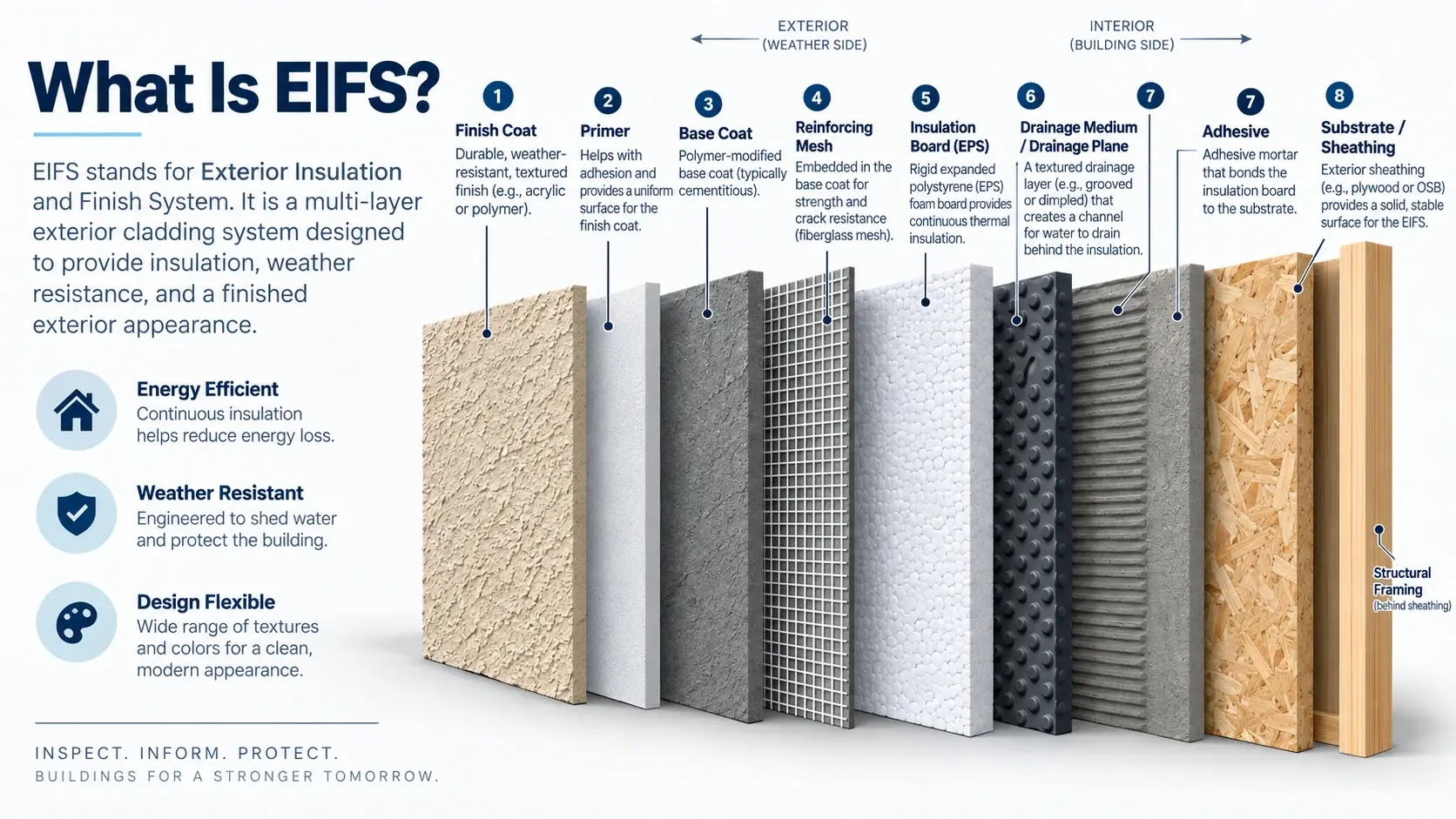 infographic diagram showing the layers of an EIFS construction infographic diagram showing the layers of an EIFS construction