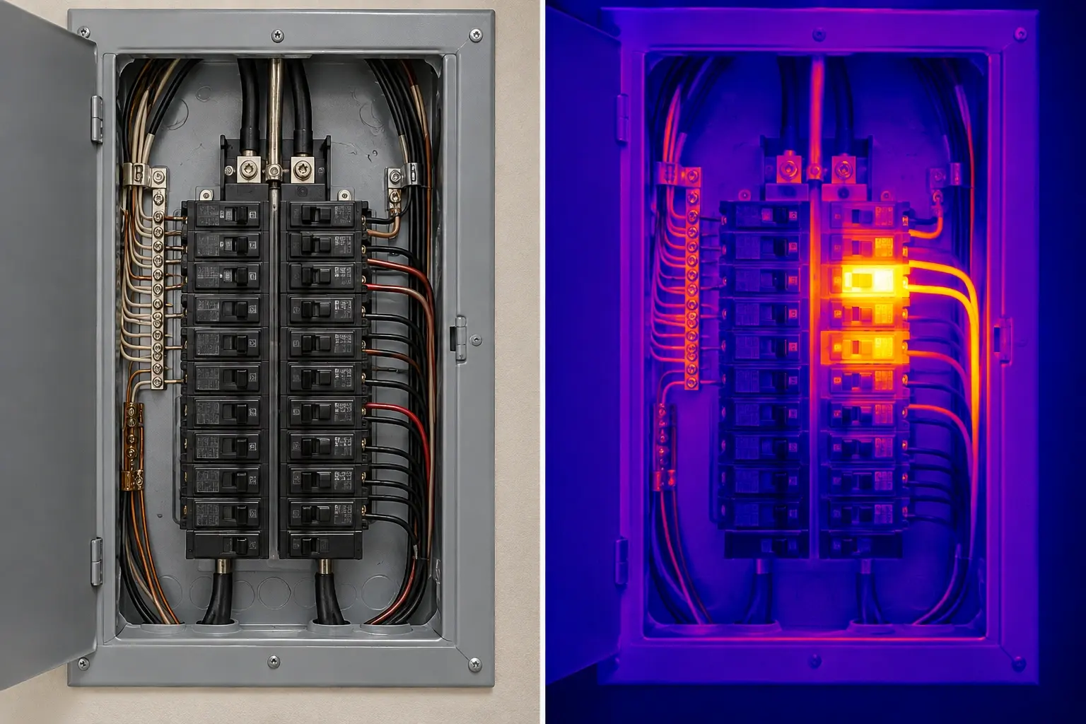 Thermal image comparison of an electrical panel showing a hot spot Thermal image comparison of an electrical panel showing a hot spot