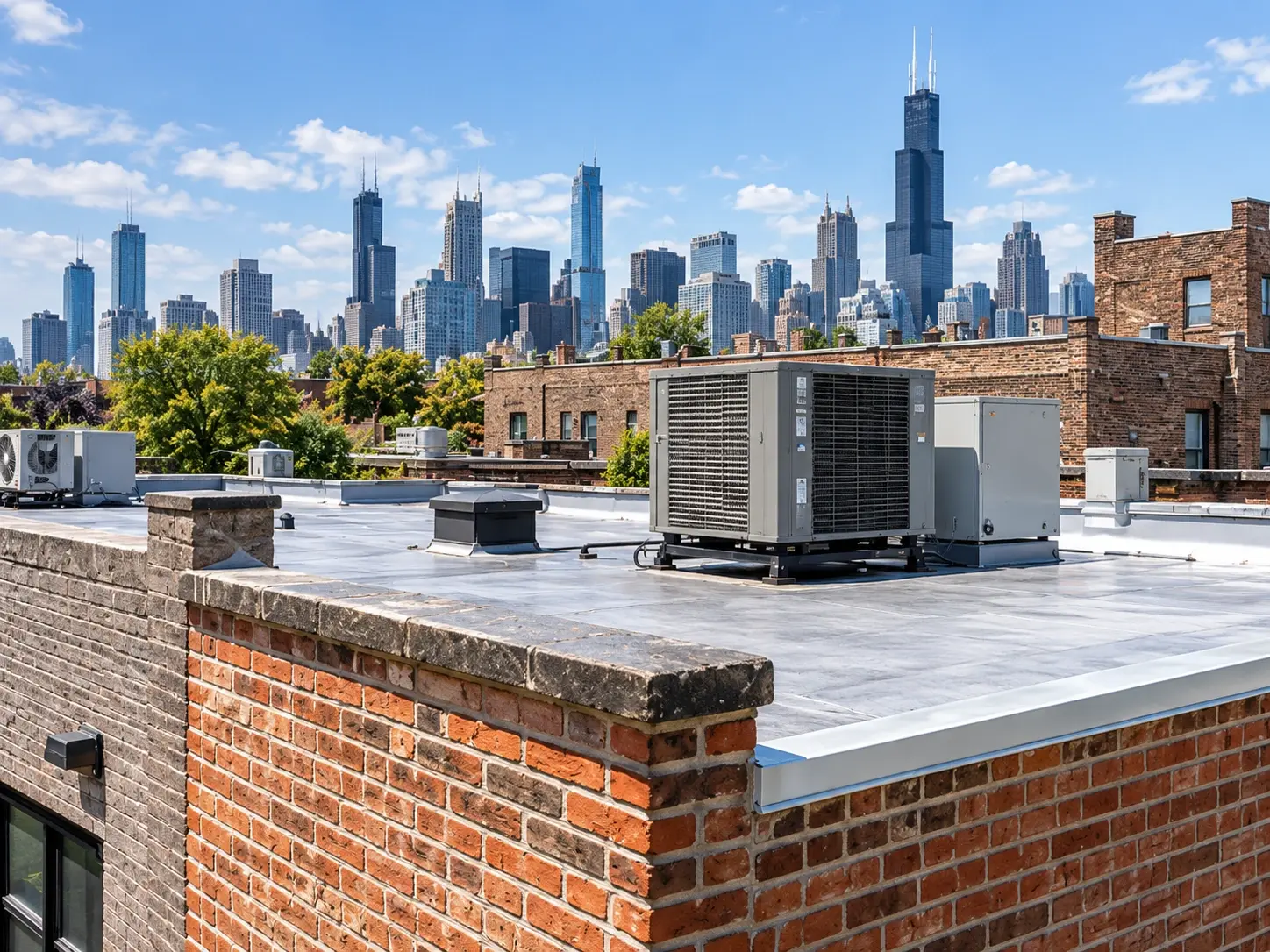 Chicago flat roof with brick parapet, rooftop HVAC equipment and skyline