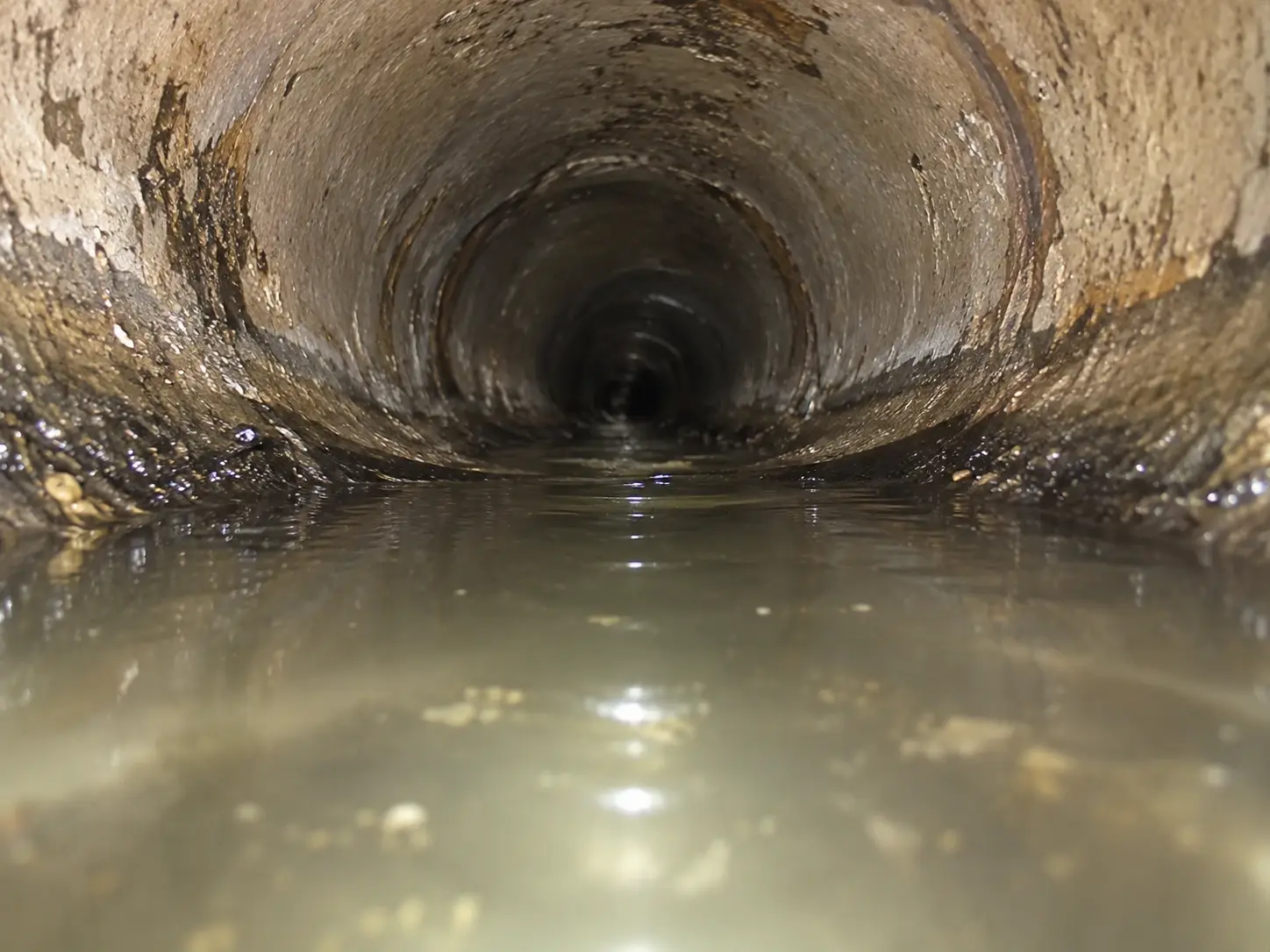 Sewer camera view showing standing water associated with a possible belly or sag in the sewer line