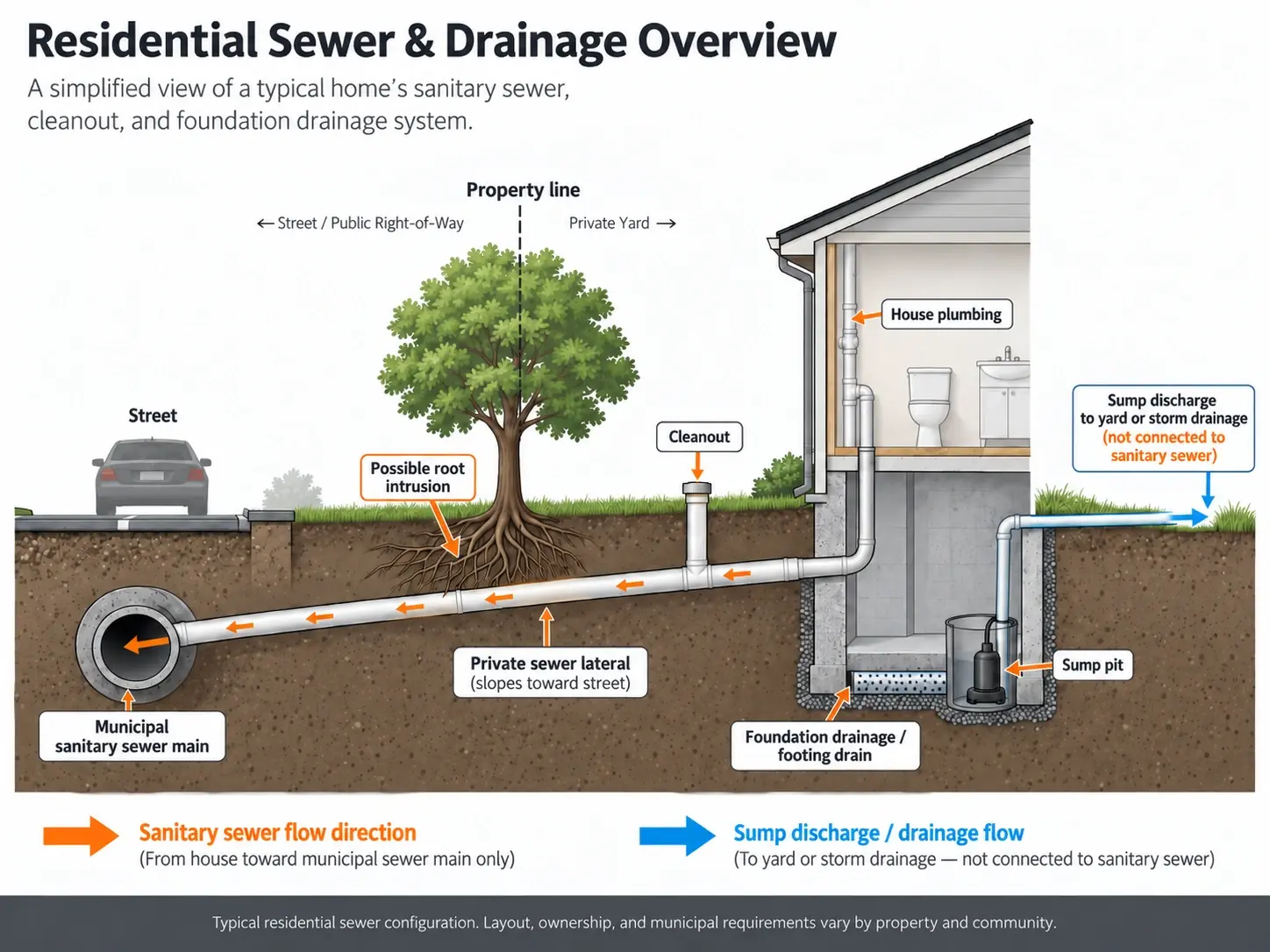 graphic showing sewer drainage from the home to street graphic showing sewer drainage from the home to street