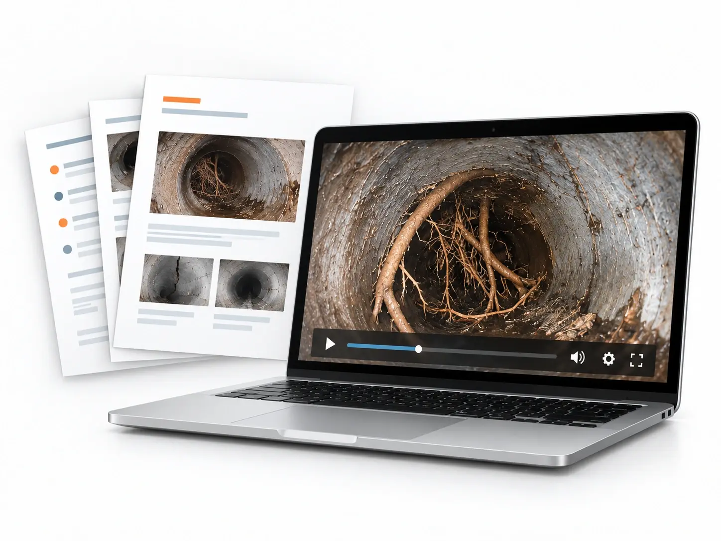 Sewer scope inspection findings and sewer camera video shown on a laptop