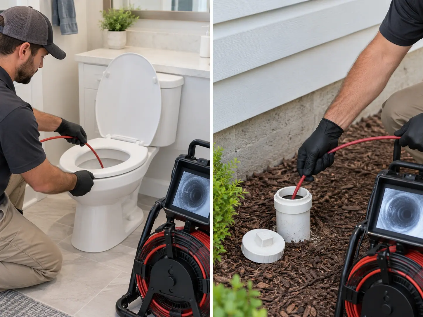 Sewer scope camera being inserted through a toilet and an exterior sewer cleanout