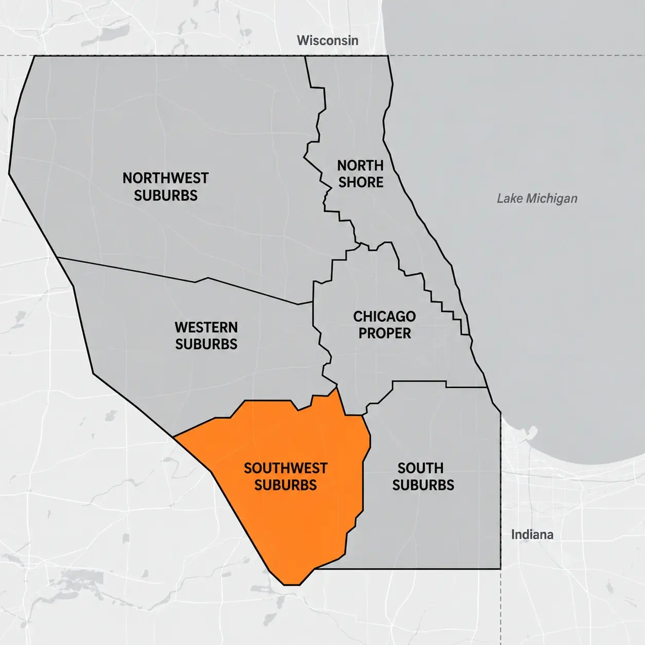 Southwest Suburbs Chicagoland service area map