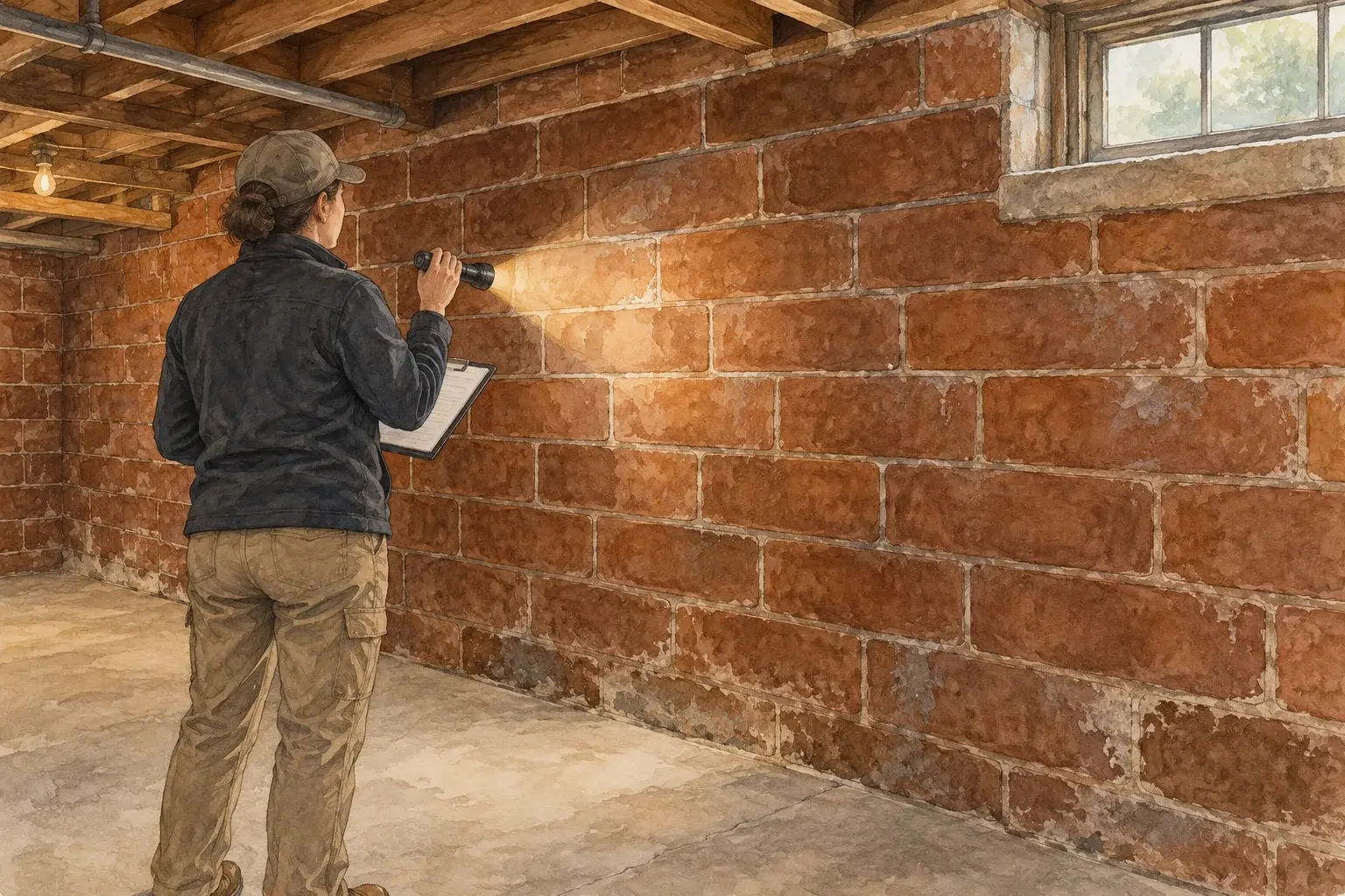 Illustration of a home inspector visually examining an exposed clay masonry basement foundation wall.