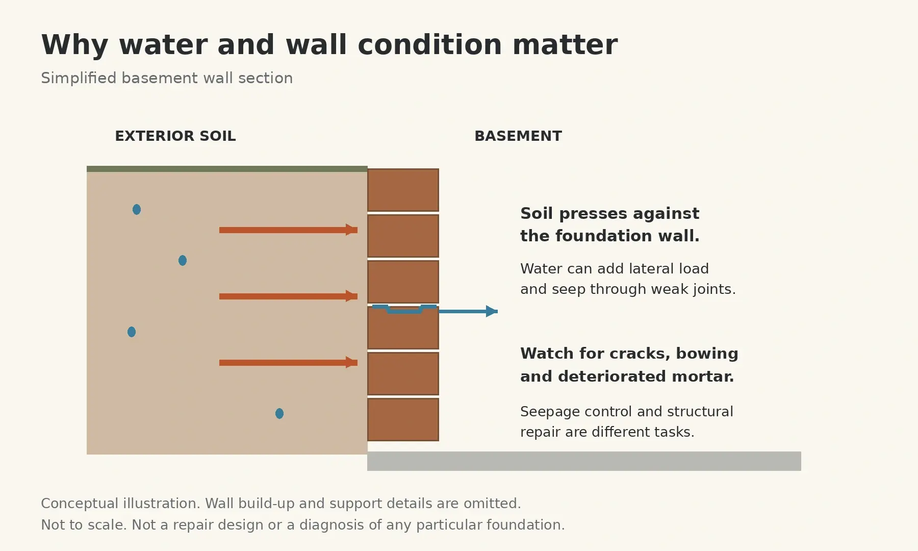 Conceptual basement wall section showing lateral soil pressure, water seepage, and areas to evaluate.