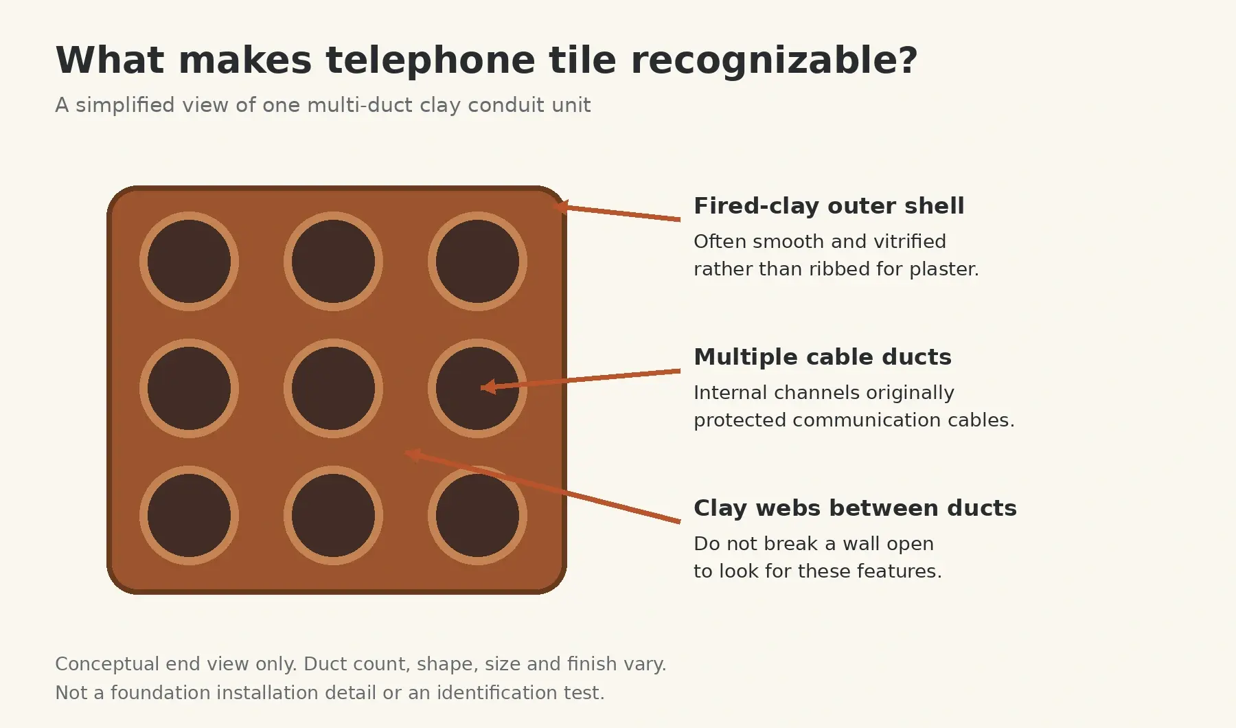 Diagram showing the clay shell, internal cable ducts, and webs of a representative telephone tile unit.