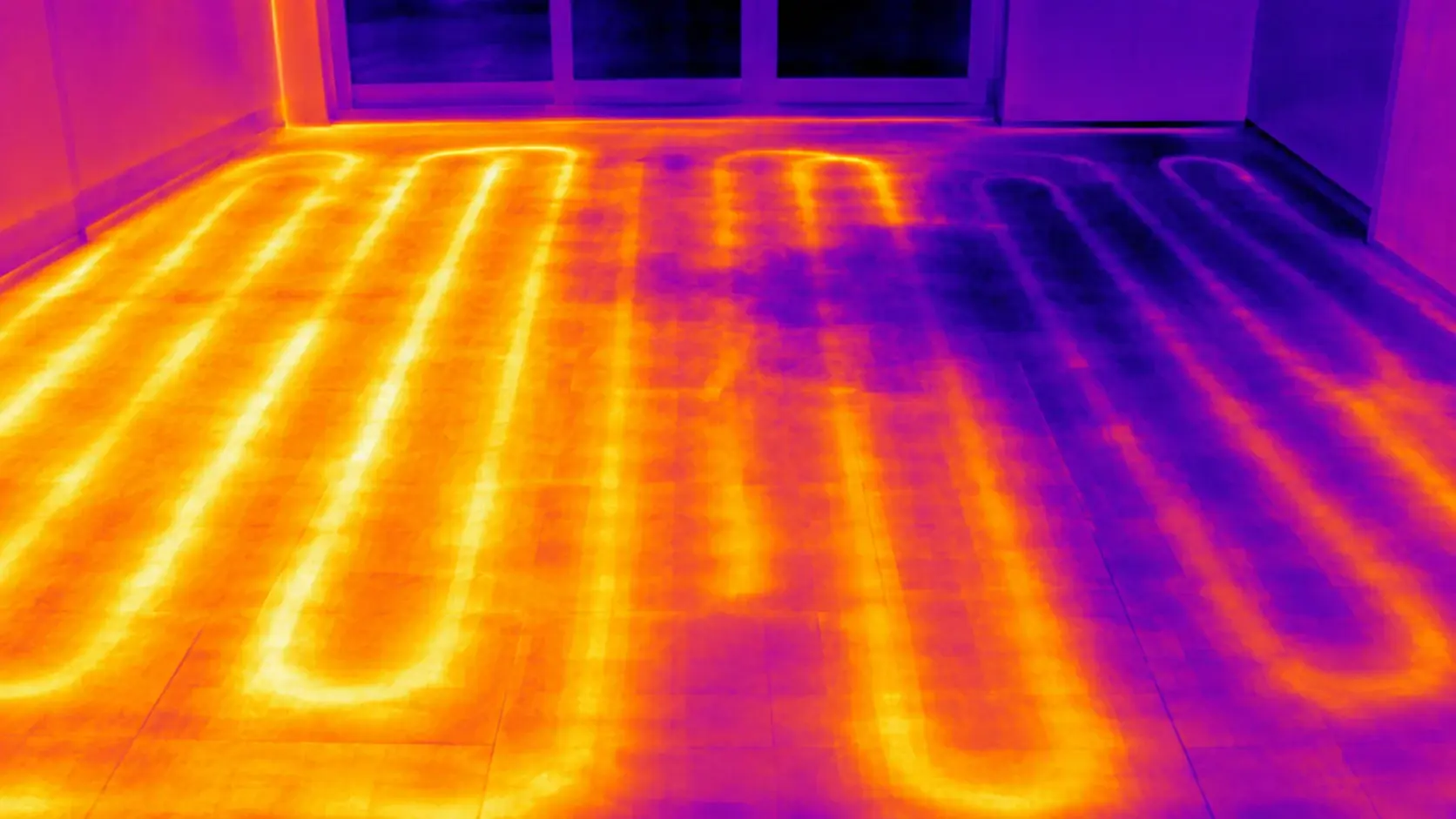 Thermal image showing radiant heating and hot water distribution patterns