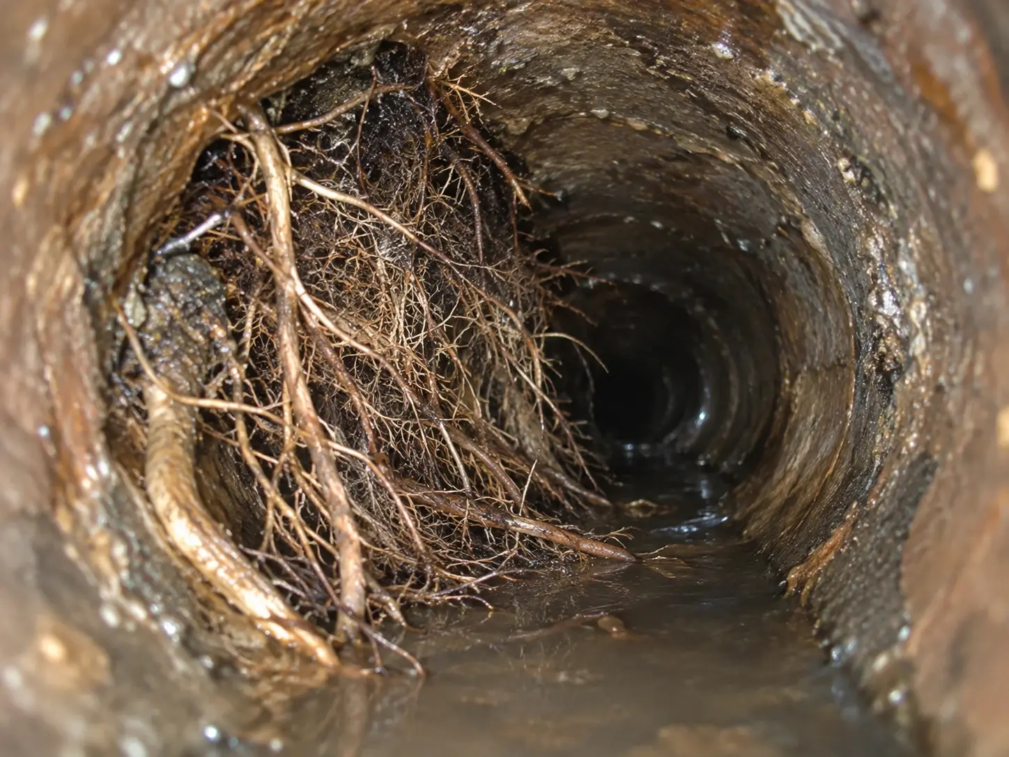 Sewer camera view showing tree root intrusion inside a residential sewer line