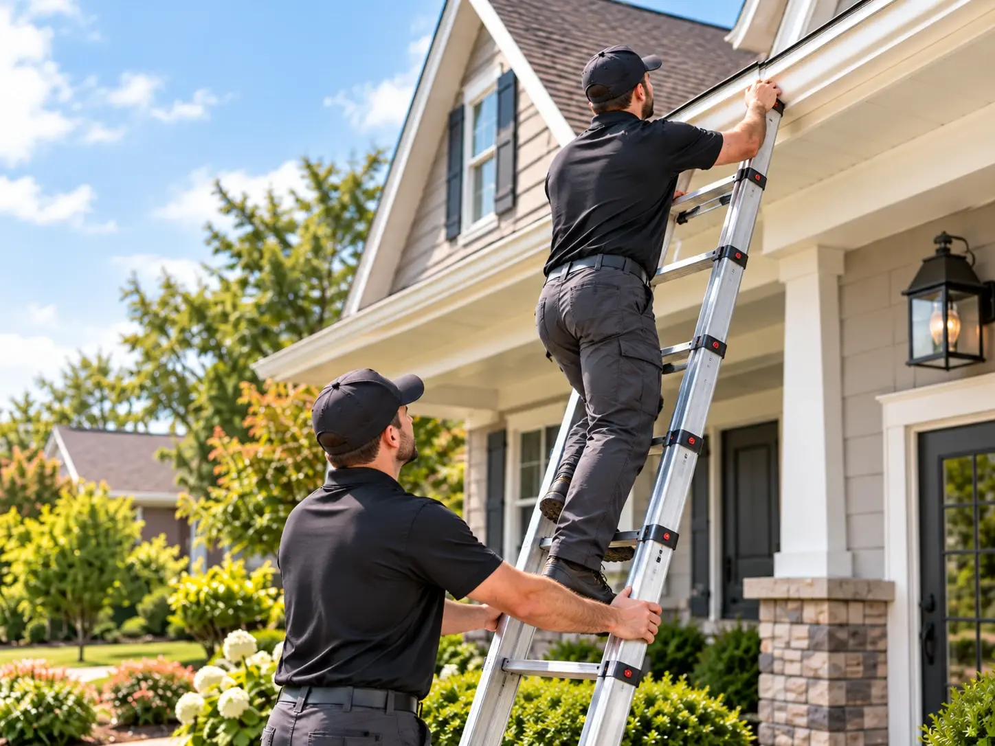 Two inspectors performing a ladder assist at a residential property