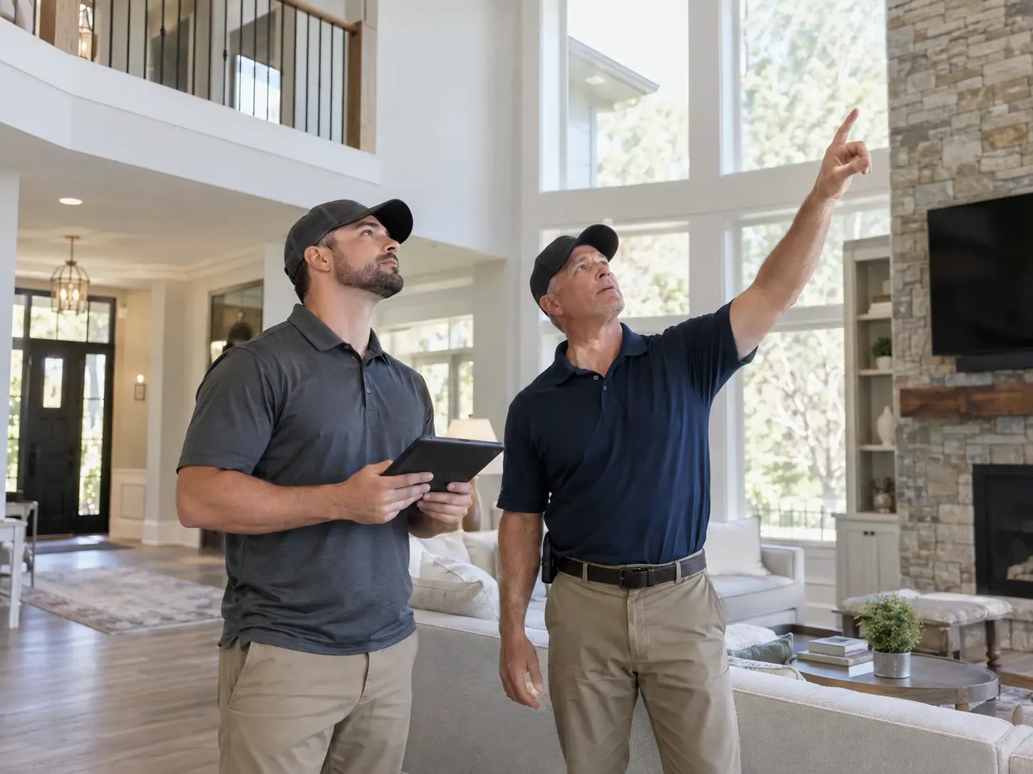 Two home inspectors evaluating a home interior