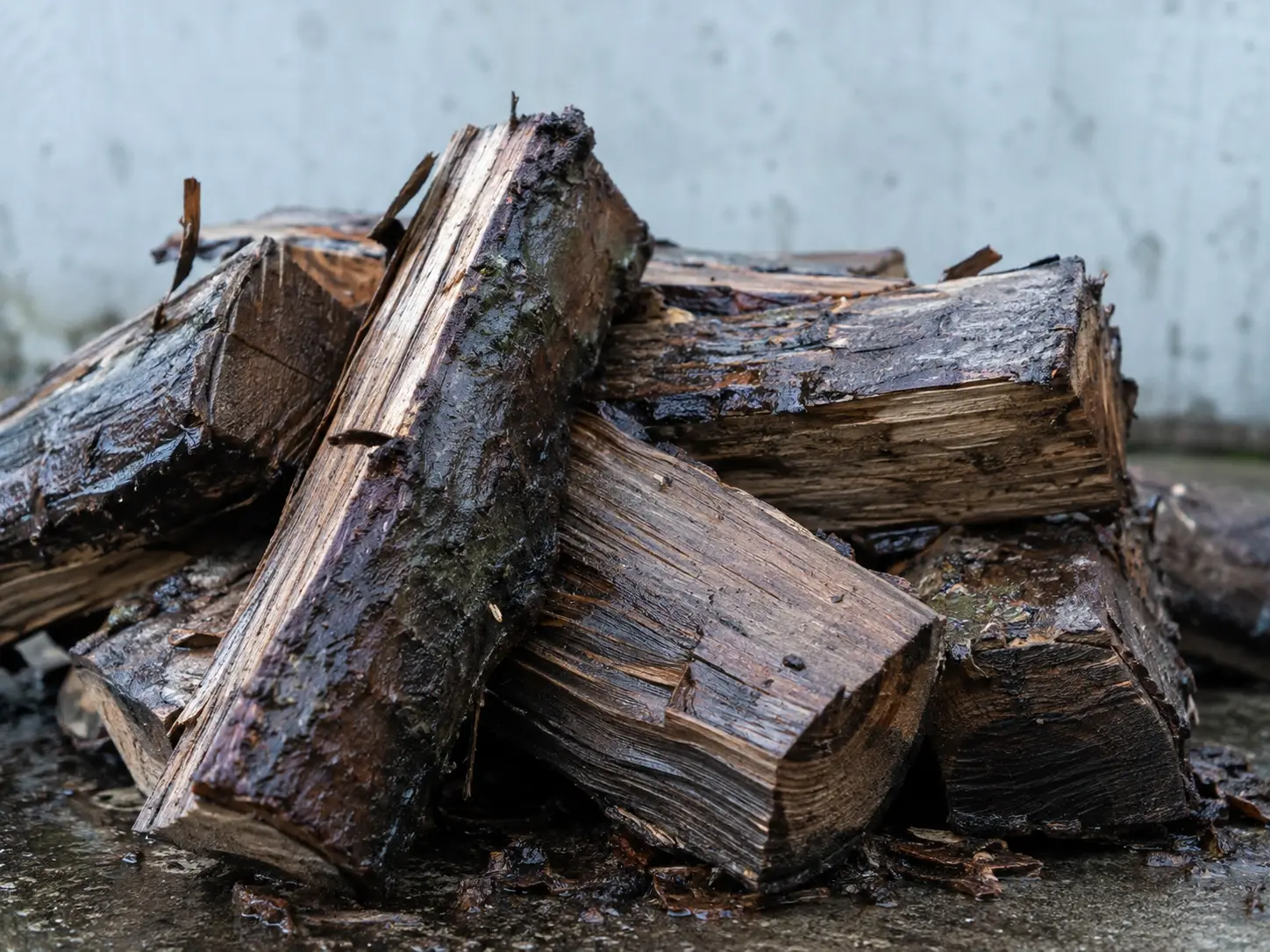 Wet unseasoned firewood that should be allowed to dry before burning